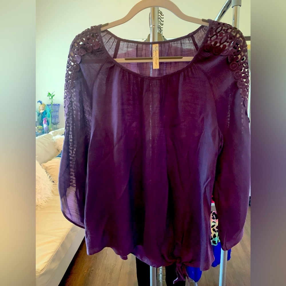 Purple long sleeved top with embroidered lace detailing on sleeves- L